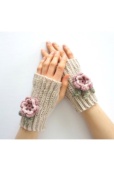 El örgüsü Çiçek Detaylı Parmaksız Kadın Eldiven, El Örgüsü eldiven , Tığ işi eldive