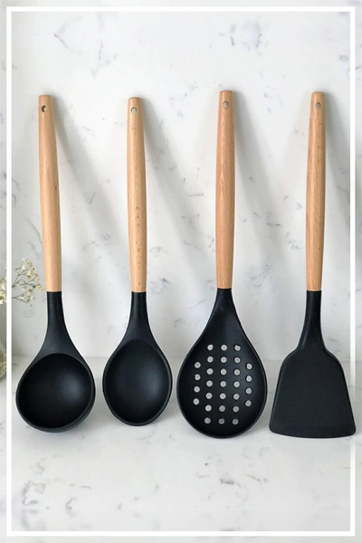 Rotanev Black Silicone Bamboo 4 Piece Kitchen Serving Set - Ladle, Spoon, Colander Spatula