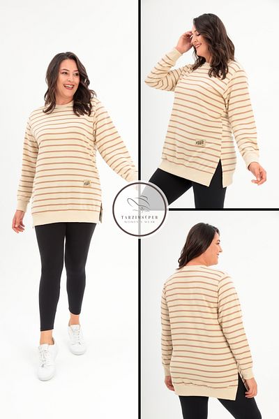 tarzımsüper Plus Size New Season Stretchy Comfort Model Soft Fabric Striped Long Sleeve Two Thread Combed Cotton Tunic
