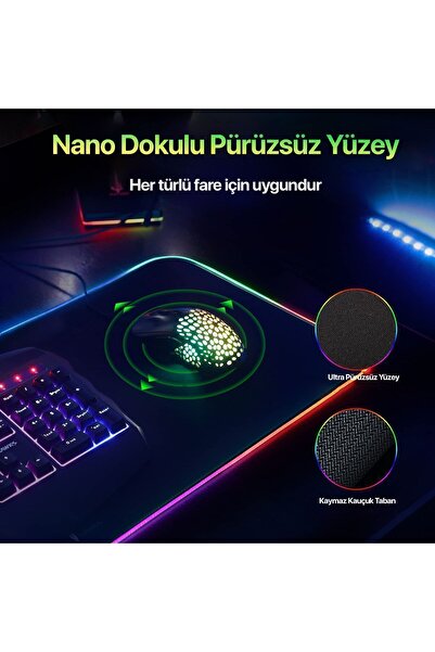 Voground Rgb Led Gaming Mousepad Siyah Kaymaz Su Geçirmez Xl Mause Pad 80x30 Cm