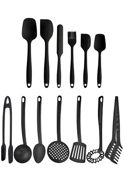 Selenica Set of 6 Heat-Resistant Silicone Spatulas and Set of 7 Fireproof Teflon Coated Scoops Kitchen Tongs
