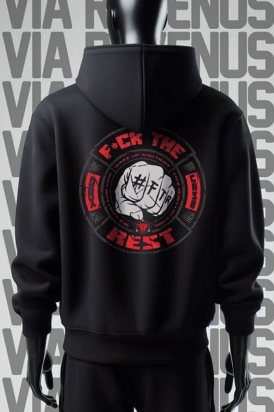 Vordevia Φούτερ με μαύρη κουκούλα - F*ck The Rest εμπρός και πίσω εκτύπωση, φαρδιά εφαρμογή 3 κλωστών