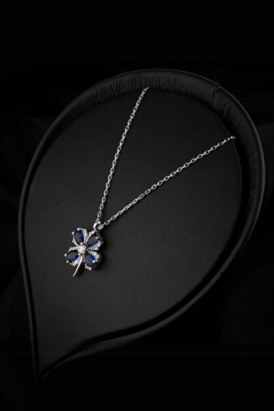 elasilver Mavi Safir Taşlı Dört Yapraklı Yonca 925 Ayar Gümüş Kadın Kolye