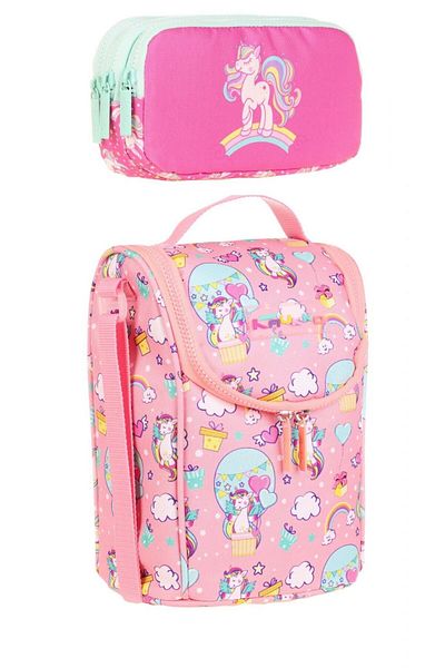KAUKKO Pink Unicorn Patterned Girl's Lunch Box and Pen Holder Set