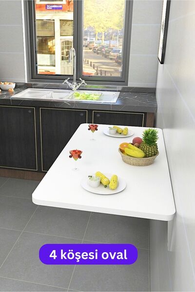 Kydonia Home 60x110 cm 4 Köşe Oval Mat Beyaz Duvara Monte Kırma Katlanır Yemek Masası