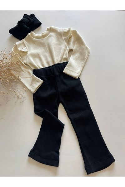 özge başaran Cream Colored Long Sleeve Bodysuit and Black Leggings for Girls - Casual Stylish and Comfortable Set