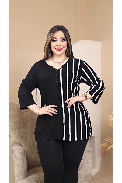 HÜLYA BUTİK Γυναικεία μπλούζα με ασπρόμαυρη ριγέ γιακά σε μεγάλο μέγεθος