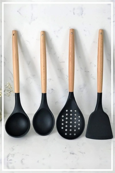 Tanemce Black Silicone Bamboo Kitchen Serving Set - 4 Pieces (Cap-Spoon-Kevgir-Spatula)