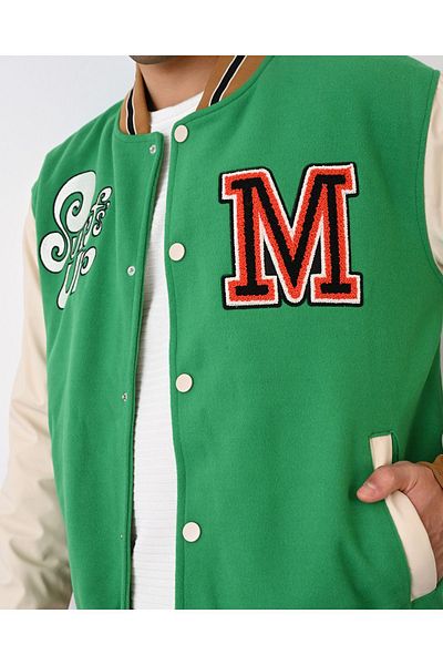 İLKCET MODA M Κεντημένο Unisex Suede Sleeve Leather College Jacket