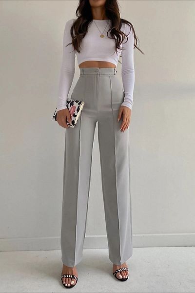 ELLEGANT Gray High Waist Ribbed Stitched Gathering Palazzo Women's Trousers