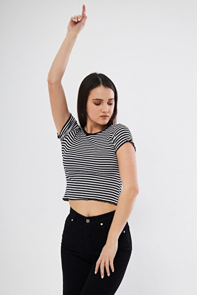 Oyga Bluză de damă neagră cu dungi cu decolteu triplu