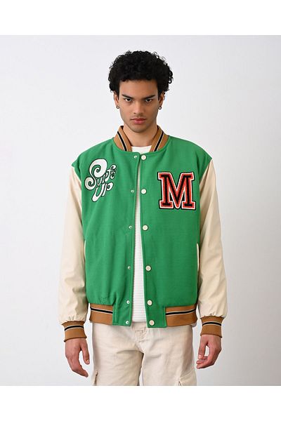 İLKCET MODA M Κεντημένο Unisex Suede Sleeve Leather College Jacket