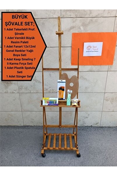 İNCİ TUVAL Tekerlekli Prof. Şövale Büyük Set Resim Palet Yağlı Boya Fırça Karma Seti Ahşap Kare Ayaklı H Tipi