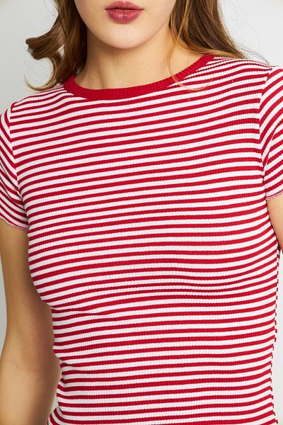 Oyga Women's Red Camisole Striped Crew Neck Crop Blouse