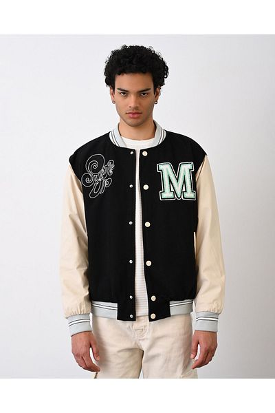 İLKCET MODA M Κεντημένο Unisex Suede Sleeve Leather College Jacket
