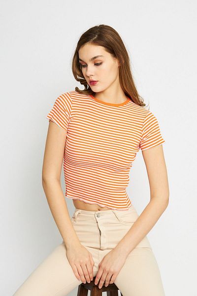 Oyga Πορτοκαλί ριγέ Camisole Crop Μπλούζα - Crew Neck