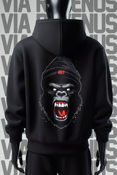 Vordevia Gorilla Note Patterned - Hanorac negru cu glugă, cu 3 fire, cu croia...