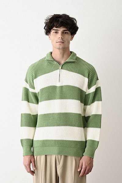 İLKCET MODA Πλεκτό πουλόβερ Unisex - Γιακάς με φερμουάρ, Χοντρό ριγέ