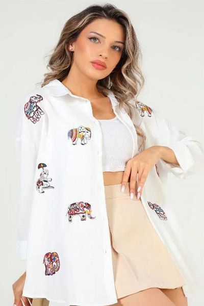 Ded COLLECTION Cămașă de in albă - damă, broderie elefant
