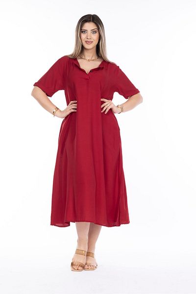 Eceyaman moda WOMEN'S RED SIDE SLITCHED BUTTONED FRONT LARGE SIZE DRESS