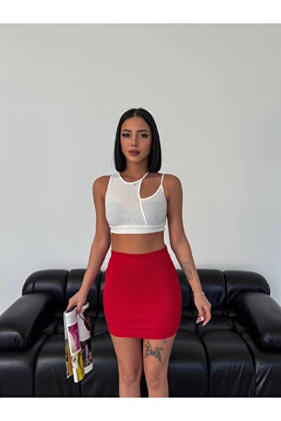 Genel Markalar Kaşkorse Full Likralı Fitilli Mini Etek Kırmızı