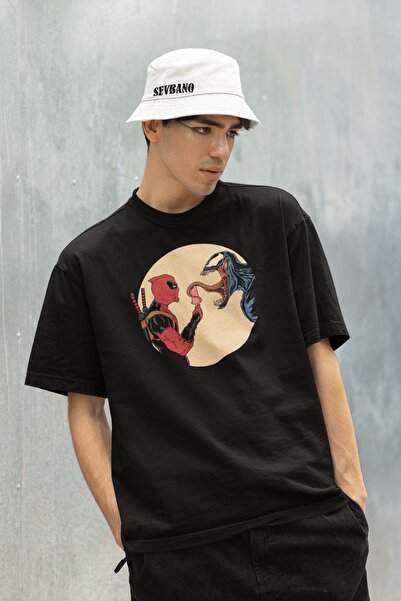 SEVBANO Deadpool x Venom Baskılı Unisex Tişört, Oversize Marvel Film Karakter...