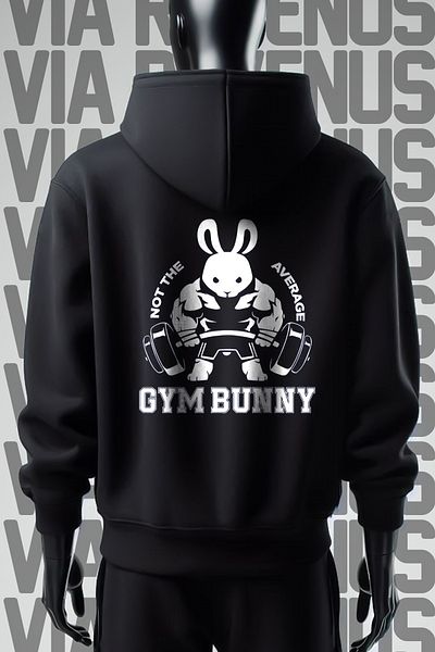 Vordevia Gym Bunny - Hanorac negru cu glugă cu 3 fire, cu imprimeu în față și în spate