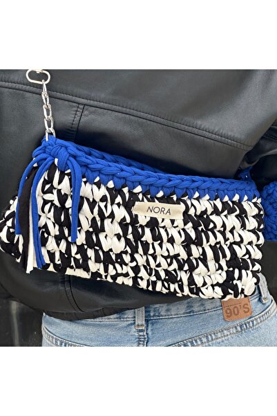 Nora El Örgüsü Siyah Beyaz Penye İp Çanta