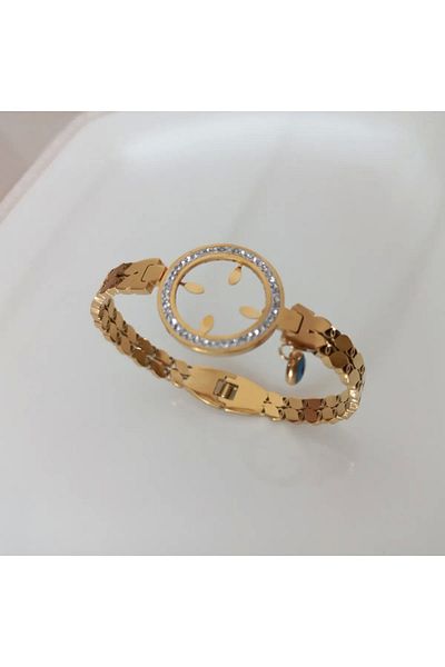 ANGELSS JEWELLERY Gold Colored Zircon Stone - Quartered Steel Handcuffs Bracelet with Frame and Evil Eye Beads