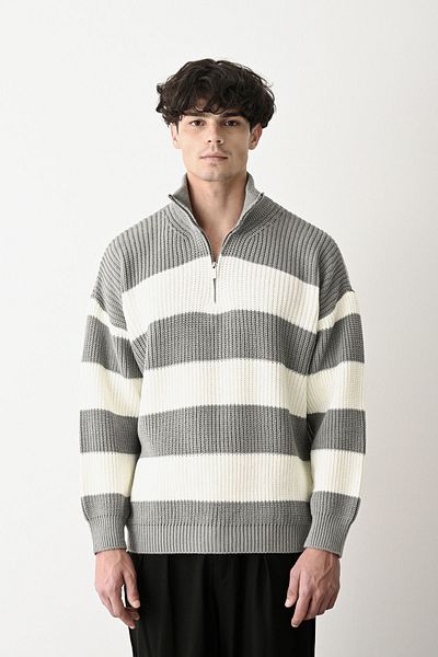 İLKCET MODA Πλεκτό πουλόβερ Unisex - Γιακάς με φερμουάρ, Χοντρό ριγέ