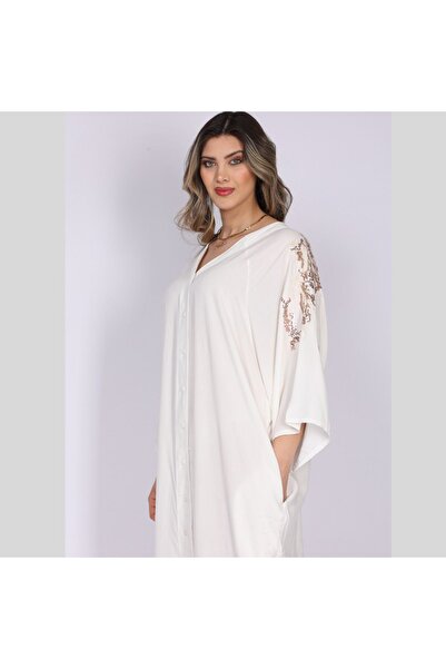 Eceyaman moda women's white back and sleeves yellow sequin embroidery oversize dress