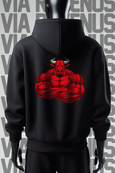 Vordevia Hanorac negru cu glugă Gym Bull 3 Thread - Imprimat pe față și pe spate