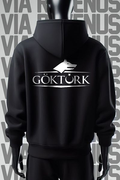 Vordevia Черен суитшърт с качулка и шарка Gokturk - 3 нишки