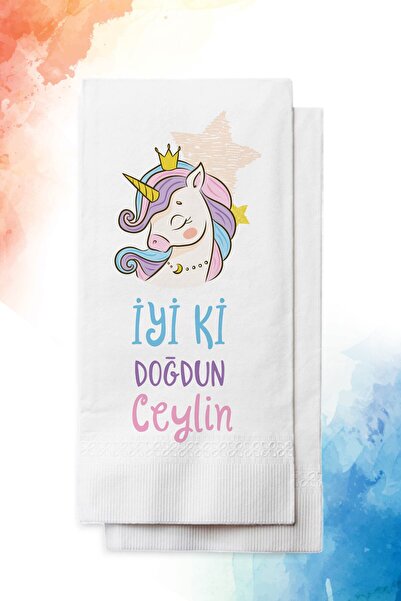 nna tasarım 50 Adet Kişiye Özel Isim Baskılı Unicorn Doğum Günü Peçetesi (P35-50)