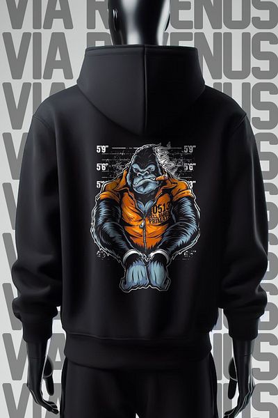 Vordevia Gorilla Printed Black Hooded Sweatshirt - 3 Thread, Wide Fit