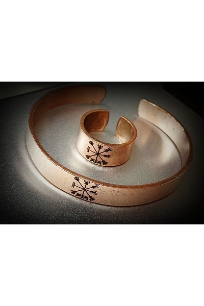 DA Cooper Design Copper Bracelet Vegvisir Symbol Copper Bracelet & Ring Set 45 gr