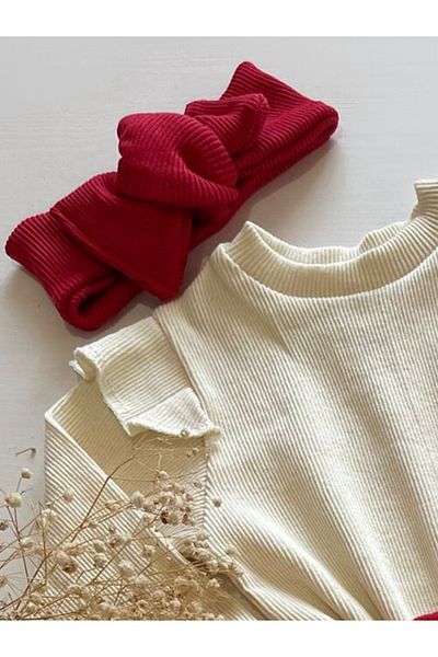 özge başaran Cream Colored Long Sleeve Badi and Red Leggings Set for Girl - Casual Stylish and Comfortable Combination
