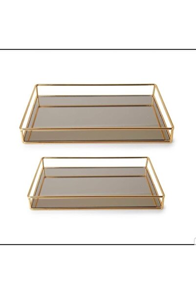 Genel Markalar 2'li Gold Dikdörtgen Kare Aynalı Söz Nişan Ve Sunum Tepsisi