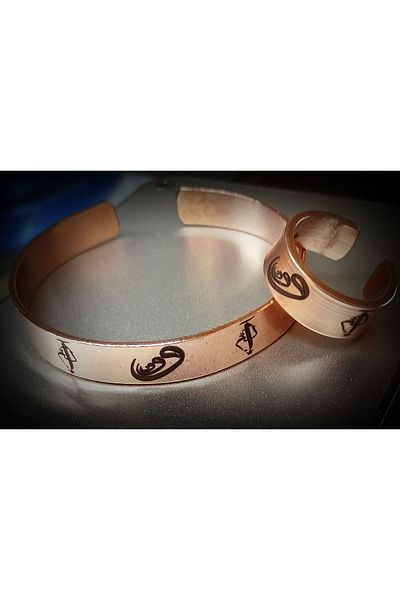 DA Cooper Design Copper Bracelet Elif-Vav-Mim Symbol Bracelet & Ring Set 45 Gr