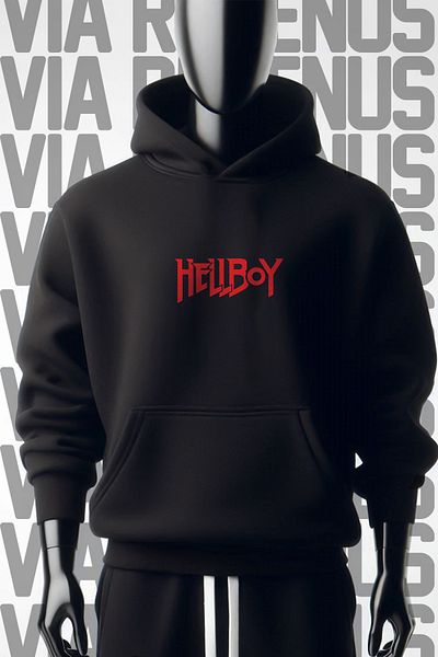 Vordevia Черен суитшърт с качулка и щампа HellBoy - широк модел с 3 прежди