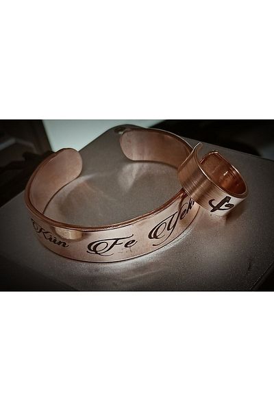 DA Cooper Design Copper Bracelet Kun Fe Wool Written 50 gr Bracelet - Elif & Vav Ring Set