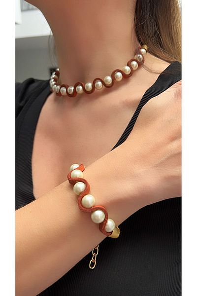 Kutcha Accessories Leather and Pearl Choker Necklace and Bracelet Set - Stylish Design