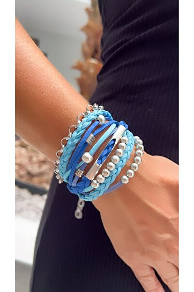 Kutcha Accessories Ocean Blue Multi-Layer Bracelet - Silver Detailed and Knit...