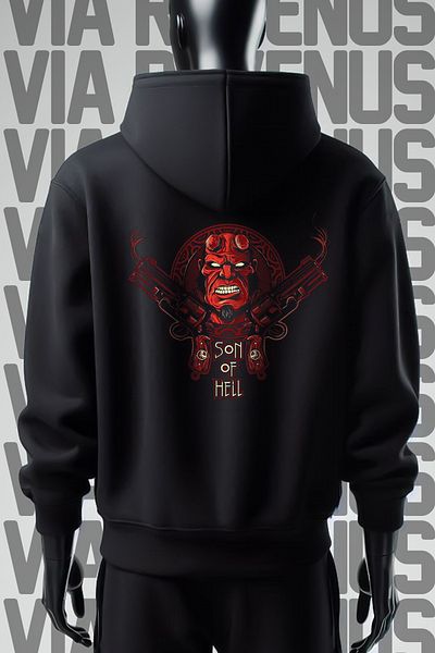 Vordevia Черен суитшърт с качулка и щампа HellBoy - широк модел с 3 прежди