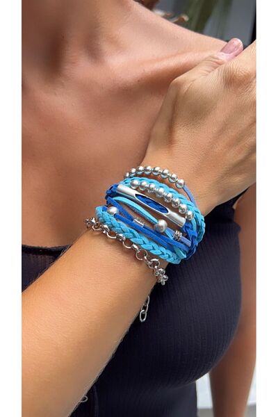 Kutcha Accessories Mavi Okyanus Çok Katmanlı Bileklik - Gümüş Detaylı Ve Örgü Tasarım