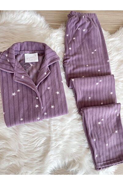 Pijamacs Fleecová sada pyžama - vzor fialové hvězdy, přední strana s knoflíky