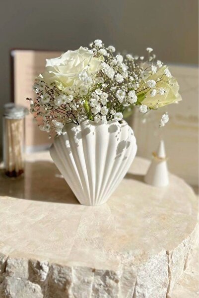 Mandalin Art Studio Deniz Kabuğu Görünümlü Derin Dekoratif Vazo | Beyaz