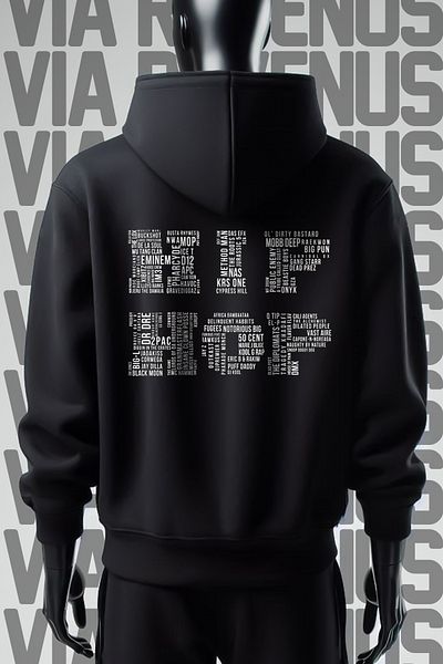Vordevia Hiphop Printed 3 Thread Wide Fit Black Hooded Sweatshirt