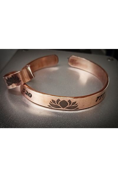 DA Cooper Design Copper Bracelet Lotus Flower Motif Number Luck Bracelet & Ring Set 45 Gr Copper