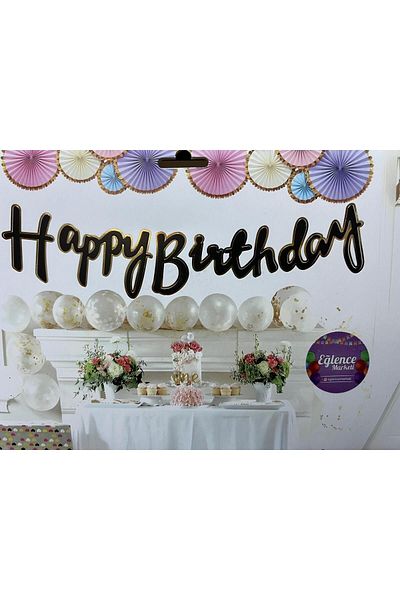 eğlencemarketi Black Gold Happy Birthday Banner - Gilded Calligraphy